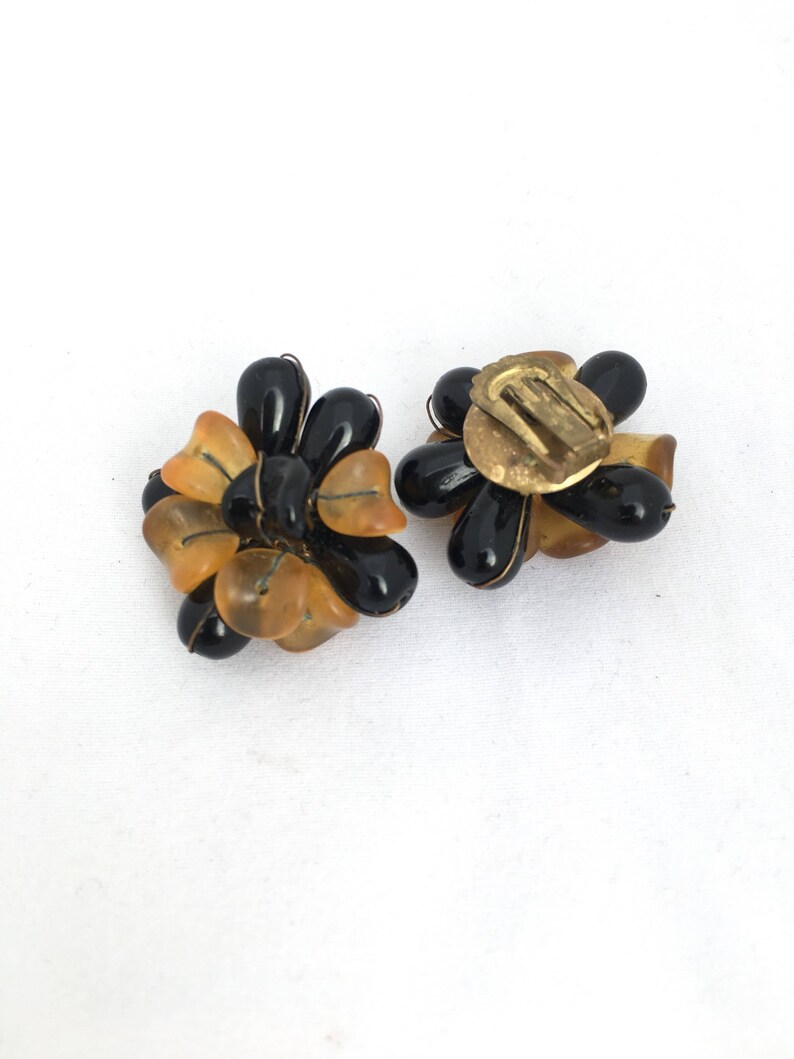 Big Plastic Clip on Earrings ROCHELLE Chrysanthemum Style Earrings in Golden Orange and Black Big 80s Earrings Non gold Clip Ons Big Clip on