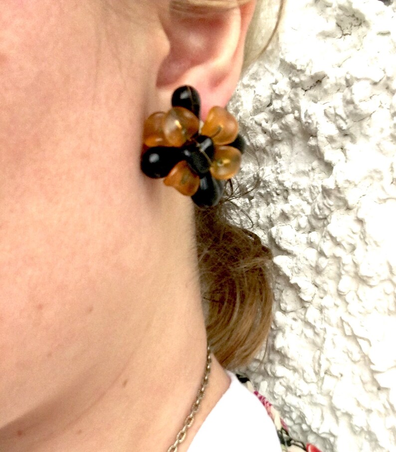 Big Plastic Clip on Earrings ROCHELLE Chrysanthemum Style Earrings in Golden Orange and Black Big 80s Earrings Non gold Clip Ons Big Clip on