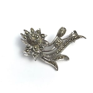 Floral Marcasite Pin Studded Marcasite Brooch, Edwardian Style Flower Brooch Silver tone Marcasite Silver