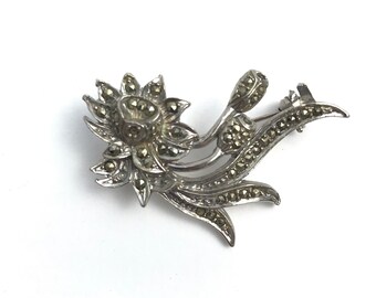 Floral Marcasite Pin Studded Marcasite Brooch, Edwardian Style Flower Brooch Silver tone Marcasite Silver