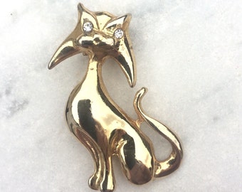 Vintage Cat Brooch in Gold Tone with Rhinestone eyes. Cat lady Brooch, Vintage Cat Lovers pin, Rhinestone Cat Brooch Medium Brooch, Cute Pin