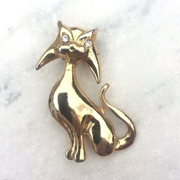 Vintage Cat Brooch in Gold Tone with Rhinestone eyes. Cat lady Brooch, Vintage Cat Lovers pin, Rhinestone Cat Brooch Medium Brooch, Cute Pin