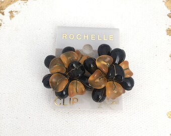 Big Plastic Clip on Earrings ROCHELLE Chrysanthemum Style Earrings in Golden Orange and Black Big 80s Earrings Non gold Clip Ons Big Clip on