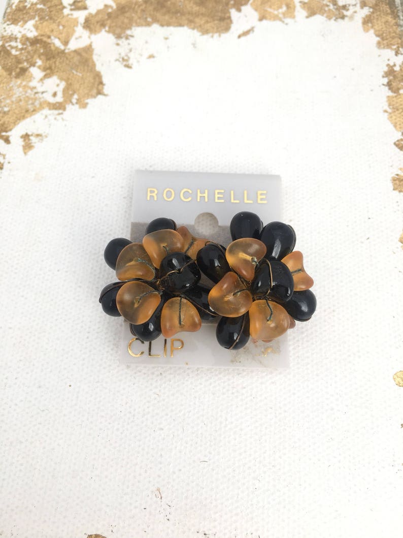 Big Plastic Clip on Earrings ROCHELLE Chrysanthemum Style Earrings in Golden Orange and Black Big 80s Earrings Non gold Clip Ons Big Clip on