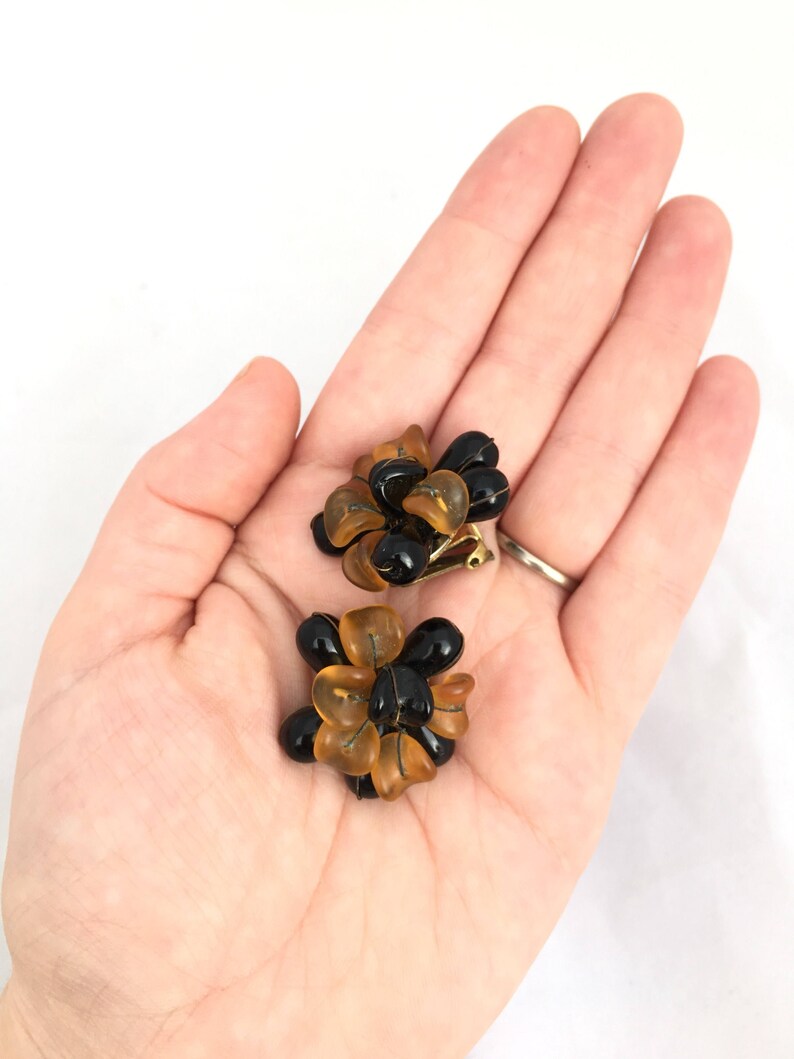 Big Plastic Clip on Earrings ROCHELLE Chrysanthemum Style Earrings in Golden Orange and Black Big 80s Earrings Non gold Clip Ons Big Clip on