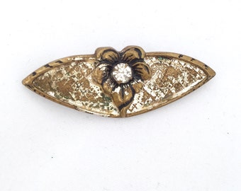 Art Nouveau Flower Brooch Small Pin Prong Set Rhinestone Brooch in  Brass with Crosshatched Texture and Silver Leaf, Early 20th Century Pin