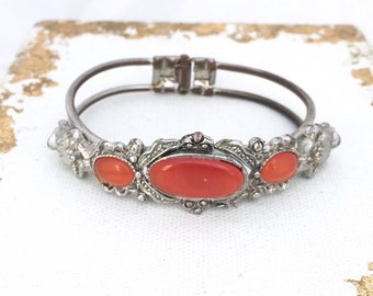 Orange Bangle Orange Cabochon Bracelet Silver Tone Bull Bracelet with Orange Chatoyant Cabochons & Bulls heads, Vintage Animal Jewelry Spain