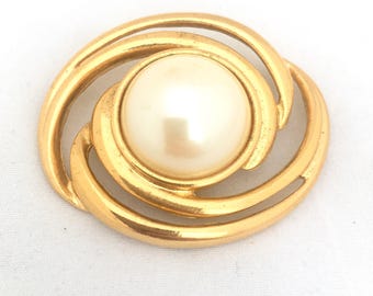Large Pearl Brooch Gold Swirl with Pearl Cabochon Brooch Faux Pearl Brooch Huge Brooch 80s brooch