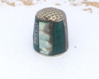 Vintage Silver Thimble Mexican Abalone Shell Thimble Green Stamped MEXICO Green Resin & Abalone Thimble Mother of Pearl Collectible Thimble