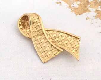 Large Vintage Ribbon Gold Brooch Woven Textured Ribbon Pin, Big Vintage Brooch Costume Jewelry Gold Mid Century Vintage Abstract Gold Pin