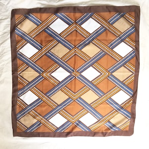 Checked Brown Square Scarf Houndstooth Vintage scarf  Fall Colors Mod Style Vintage Square Scarf Autumnal Tan Brown Blue and White Headscarf