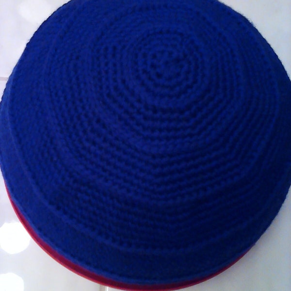 Navy Blue Wool Crocheted Mens Kippot, Extra Large Mens Knit Yarmulke, 10 plus Inch Frik Kippah