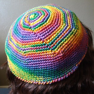 Mens Cotton Simcha Kippah, Adult Size Pride Kipa, 9.25 Inch Vivid Rainbow Summer Crochet Yarmulke,