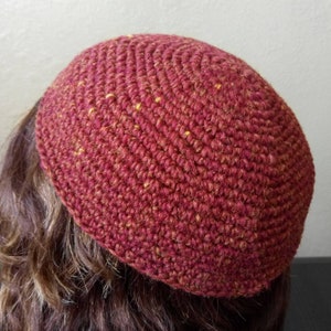 Mens Wool Kippah in Rust, Browns and Yellows, 8.75 Inch Crocheted Yarmulke for Seders, Synagogue and Everyday, Washable Wool Kippot