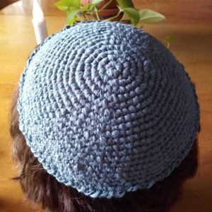 Cotton Kippah in Grey, 7.75&quot; Crochet Yarmulke, Handspun, Rustic Look Vegan Kippot, Mens No Wool Keppa
