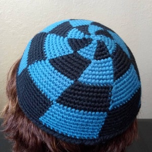 Blue and Black Wool Checker Mens Frik Kippah, Handmade 9 inch Crocheted Wool Yarmulke 23cm