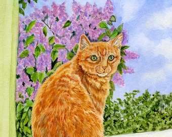 Orange Tabby Cat Giclee Print, 8" x 10",  "Sunshine and the Lilacs", from artist's hand drawn original watercolour, Heather Anderson