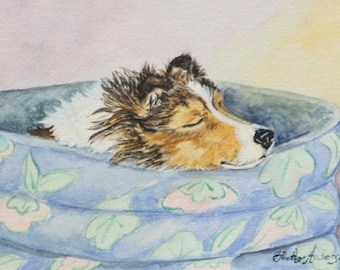 Sheltie Pup Art Print 5x6.5 "My Little One Sleeps" from artist's original  by Heather Anderson animal artist