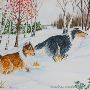 8x10  print, rough collies, "Winter Run", free shipping, sable and tricolor collie art, dog lover art, Heather Anderson