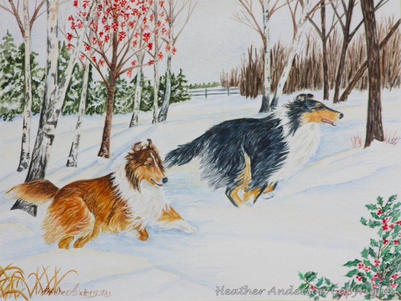 8x10 print, rough collies, Winter Run, free shipping, sable and tricolor collie art, dog lover art, Heather Anderson image 1