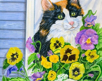 Calico Cat Giclee Print, 8" x 10",  "Pansy", from artist's hand drawn original watercolour, Heather Anderson