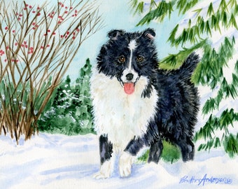 8x10 Giclee Print, Bi-Black Sheltie Pup  "Snowflake Winter" from artist's hand drawn original, Dog Lovers Gift, Dog Art