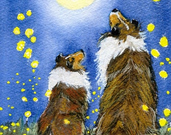 Sheltie with Collie Art Print "Night of the Fireflies" from artist's original  by Heather Anderson animal artist  5" x 7"