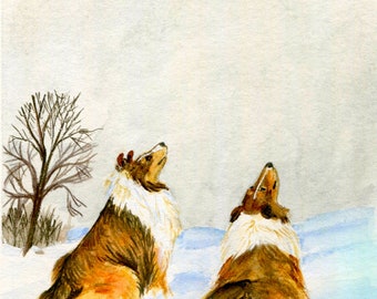 Sheltie with Collie Art Print "One Winter Day" from artist's original  by Heather Anderson animal artist  6" x 8"