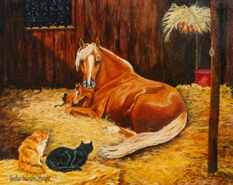 8x10 giclee horse and cats print, "First Visitors",  horse artwork, hand drawn, horse art, Heather Anderson