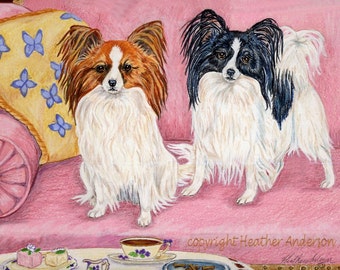 DOG LOVER GIFT, 8x10 print, 2 Papillon dogs, "Teatime", from artist's hand drawn watercolor original Papillons waiting on a cushy pink couch