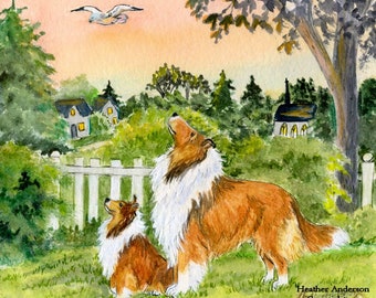 4 greeting cards, Sheltie with Collie in the gloaming , FREE SHIPPING, "Golden Hush"  5 1/2" x 4 1/4" "  Heather Anderson canine artist