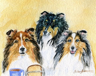4 greeting cards, three Shelties loving toast , FREE SHIPPING,"The Breakfast Club"  5 1/2" x 4 1/4" "  Heather Anderson canine artist