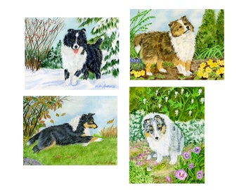 4 Sheltie Notecards, w/ envelopes, 5 1/2" x 4 1/4", FREE SHIPPING, 4 different Sheltie pups, "Shelties Through the Seasons",  Doglover gift.