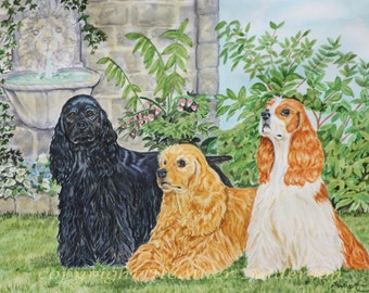 American Cocker Spaniels 8x10 Art Print  "American Beauties" from artist's hand drawn original watercolour artwork, Heather Anderson