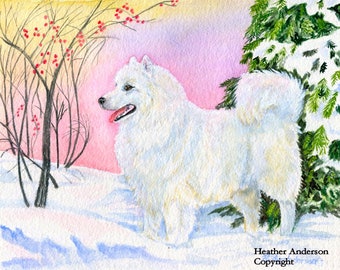 8x10 Giclee Print, Samoyed, "Glory of the Snow", free shipping to Canada and the U.S.A., Samoyed print, dog art, Heather Anderson