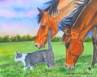 Tabby Cat and Horses Print, 8" x 10",  "Boys' Night Out", from artist's hand drawn original watercolour, Heather Anderson feline artist