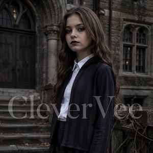 Girls Gothic School Uniform Costume, Dark Academia Halloween Outfit, Kids Halloween Schoolgirl Set, Gothic Skirt & Jacket, Striped Uniform