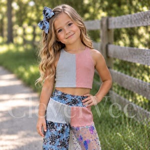 Girls Patchwork Bell Bottom Outfit, Boutique  Clothing Set, Butterfly Sequin Flare Pants, Crop Top, Butterfly Pants, Handmade Kids Outfit