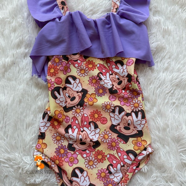 Minnie Bathing Suit, Disney Inspired, Girls, Mickey Bathing Suit, One Piece Swimsuit, Toddler Ruffle Swimsuit, Pool Party, Groovy Swimsuit