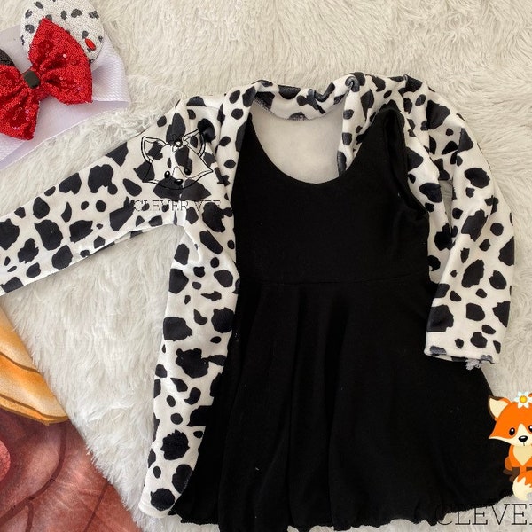 Déguisement Cruella, robe Cruella, tenue les 101 dalmates, costume dalmatien, déguisement d'Halloween pour enfant, robe les 101 dalmates, déguisement d'Halloween