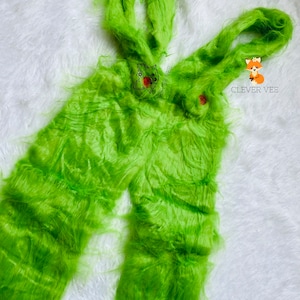 Mean Green One Overalls, Furry Green Guy Hair Bow, Green Fur Costume, Lime Green Fur Christmas Outfit, Christmas Outfit, Toddler Outfit