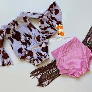Bummies met westernkoeprint, mouw koebel, bruin zwart bummie koeienprint, 1e verjaardag outfit, turnpakje koe bell mouw, outfit cowgirl thema