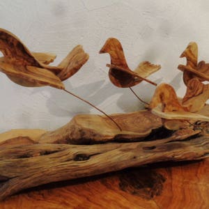 Doves of peace ,olive wood sculpture, birds in flight , shivering on copper wire struts image 8