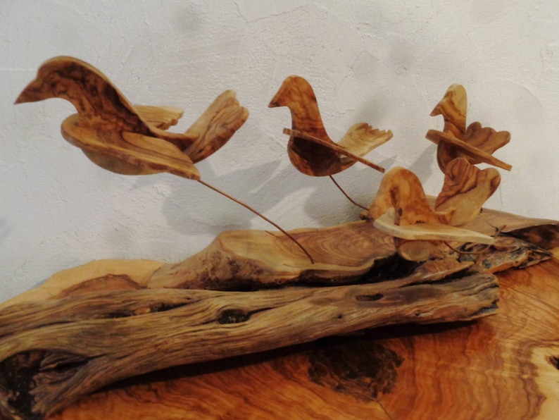 Doves of peace ,olive wood sculpture, birds in flight , shivering on copper wire struts image 8