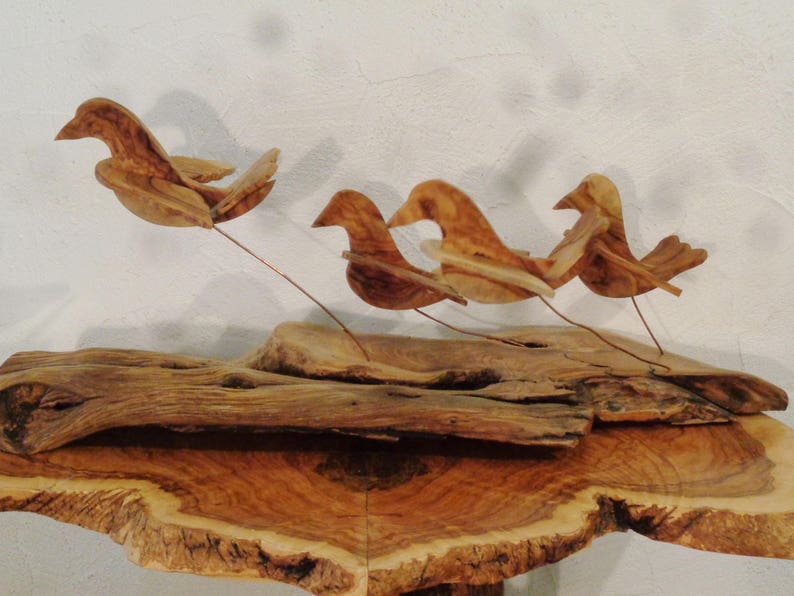 Doves of peace ,olive wood sculpture, birds in flight , shivering on copper wire struts image 1