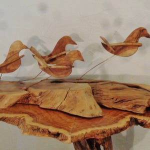 Doves of peace ,olive wood sculpture, birds in flight , shivering on copper wire struts image 2