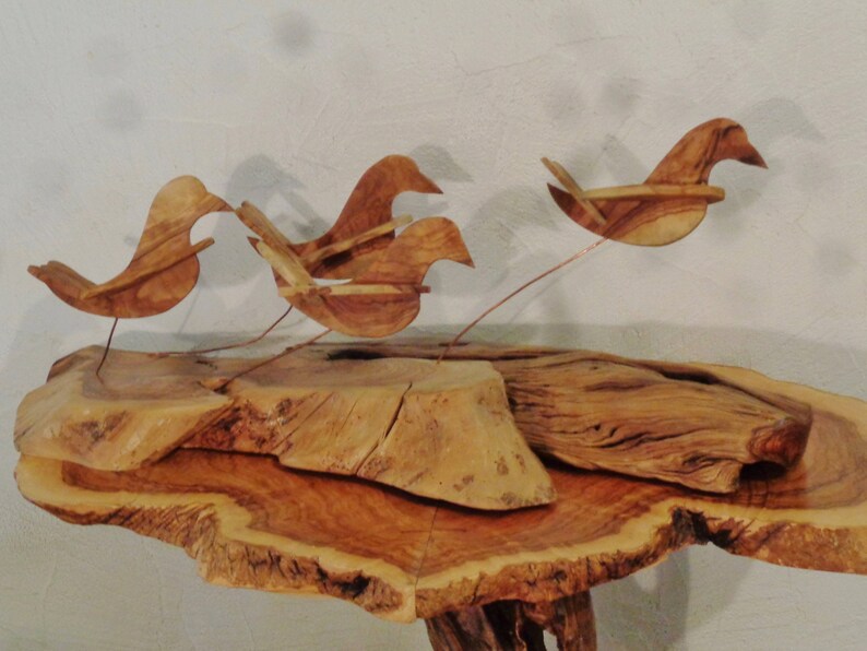 Doves of peace ,olive wood sculpture, birds in flight , shivering on copper wire struts image 2