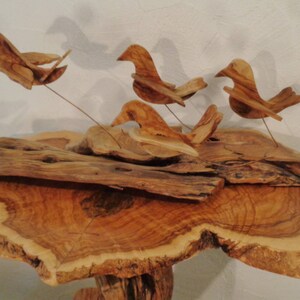 Doves of peace ,olive wood sculpture, birds in flight , shivering on copper wire struts image 7