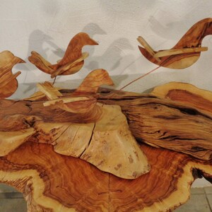 Doves of peace ,olive wood sculpture, birds in flight , shivering on copper wire struts image 4