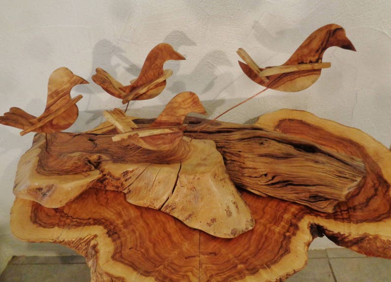 Doves of peace ,olive wood sculpture, birds in flight , shivering on copper wire struts image 4